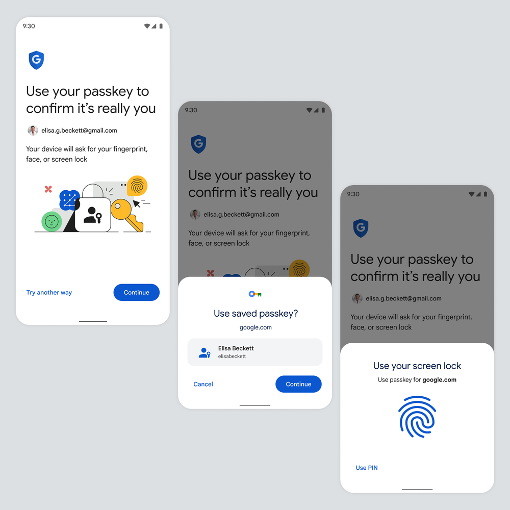 Google sign-in followed by an Android passkey prompt and screen-lock confirmation