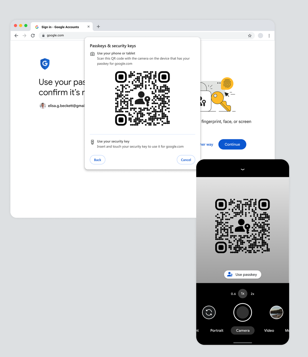 A desktop browser offers a phone-or-tablet sign-in path, with a phone scanning its QR code