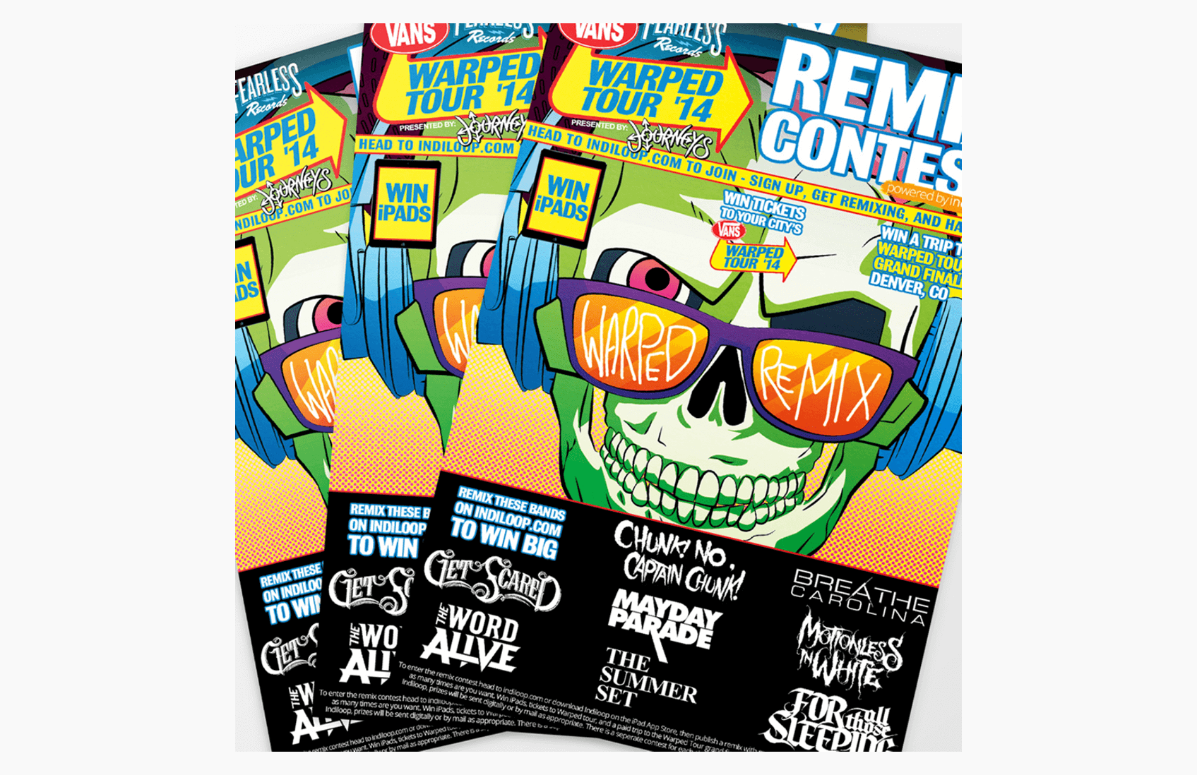Warped Tour remix-contest poster featuring a skull in headphones and orange sunglasses
