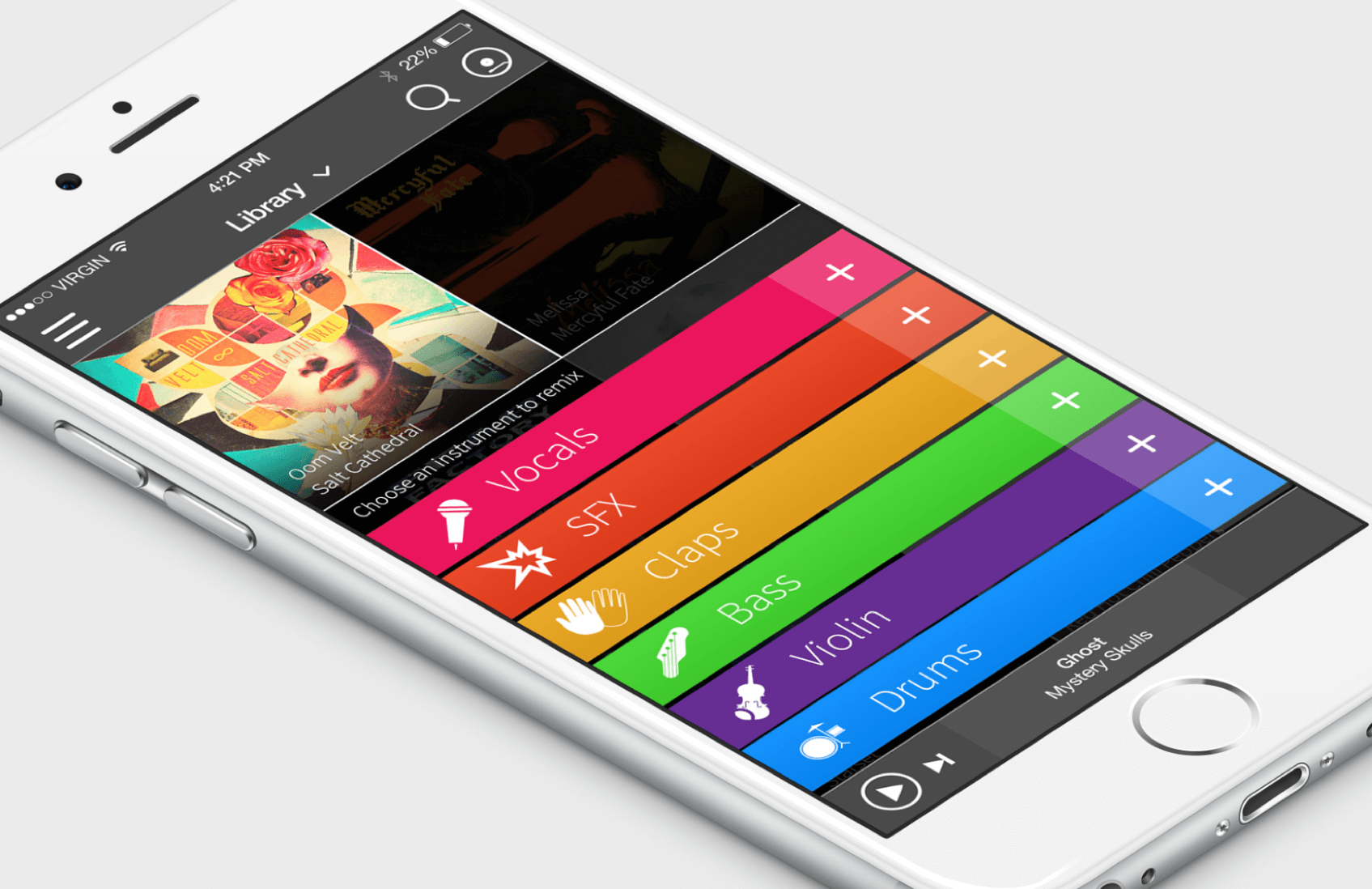 Indiloop iOS track selection with color-coded vocals, effects, guitar, bass, violin, and drums