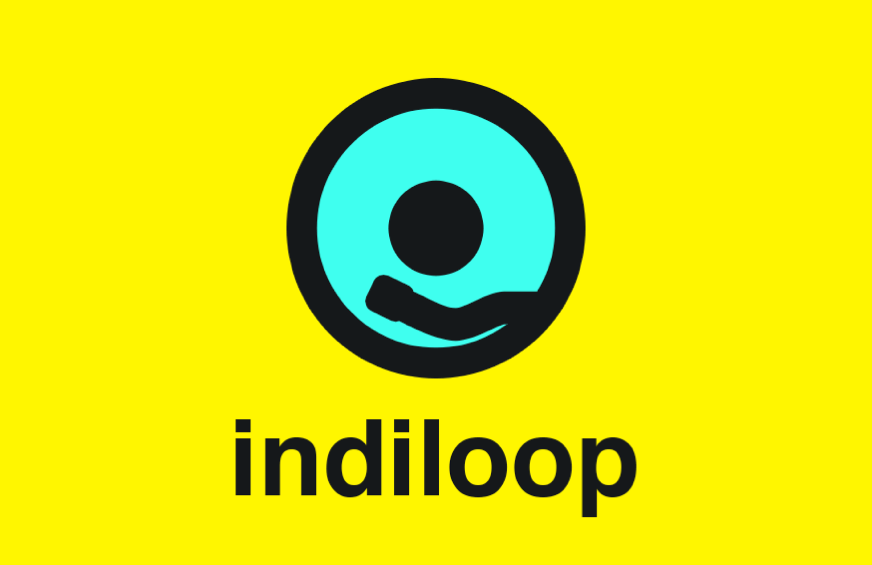Turquoise and black Indiloop record-player logo and wordmark on bright yellow