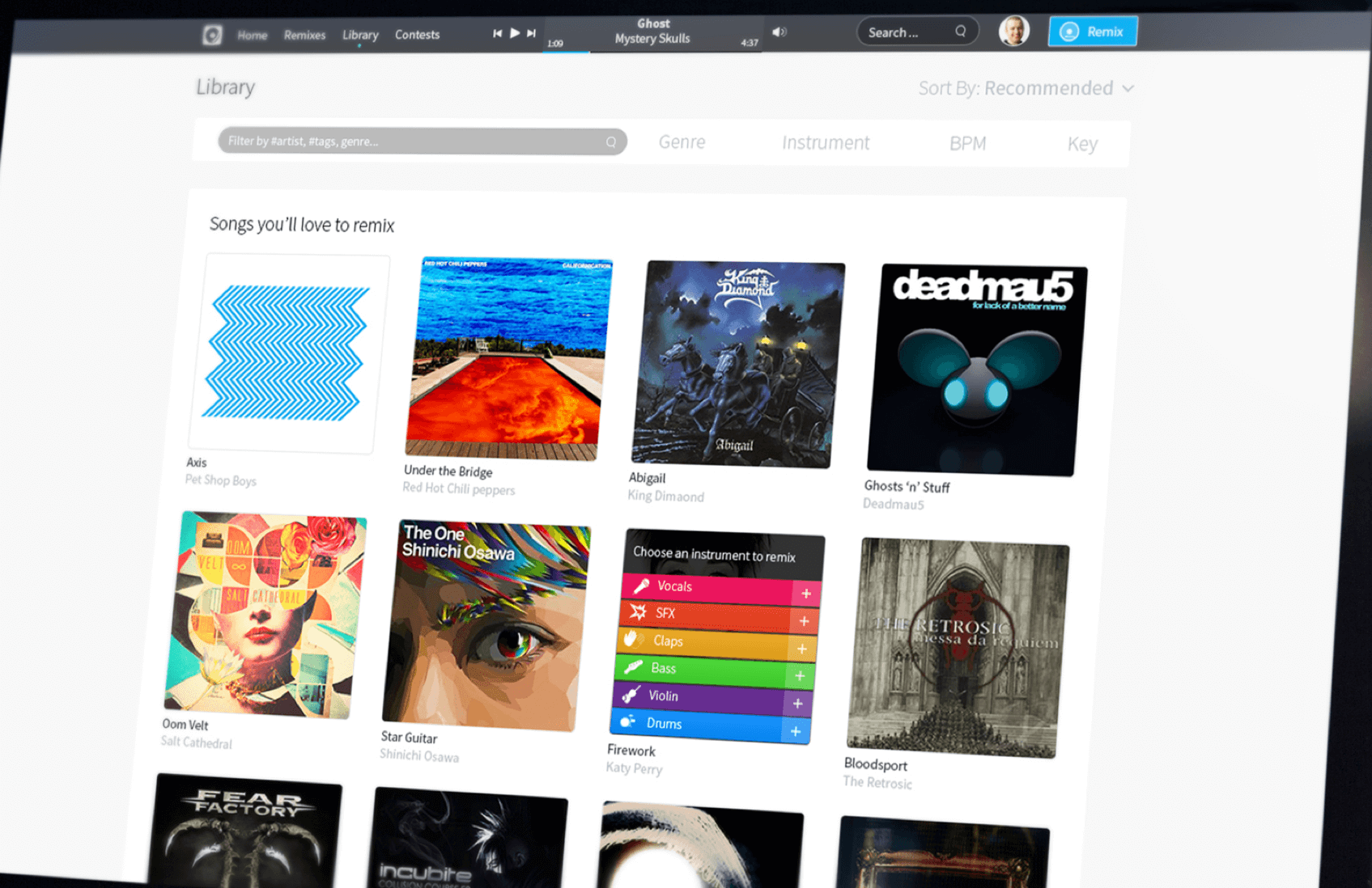 Indiloop desktop music library with album artwork and browsing filters