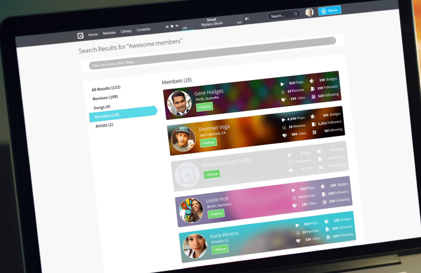 Indiloop member search results with profile artwork behind each person's details
