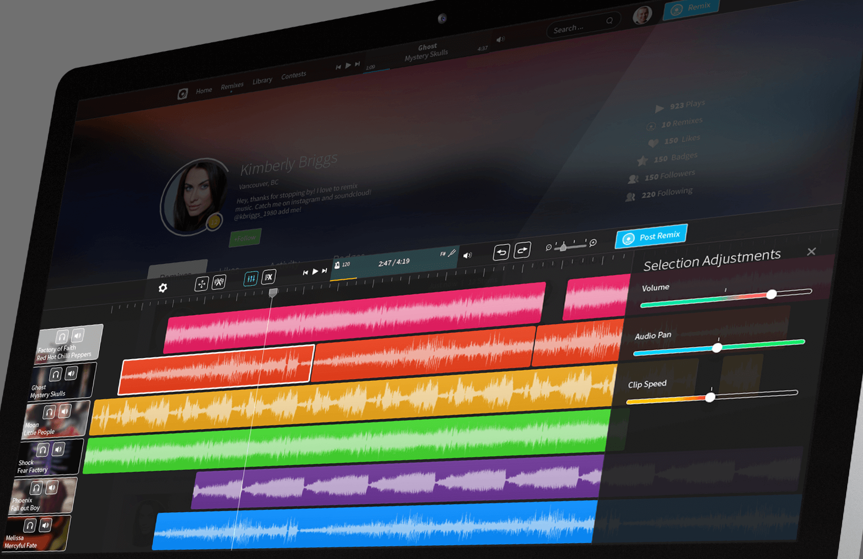 Indiloop desktop remix editor with colored audio tracks and selection adjustment controls