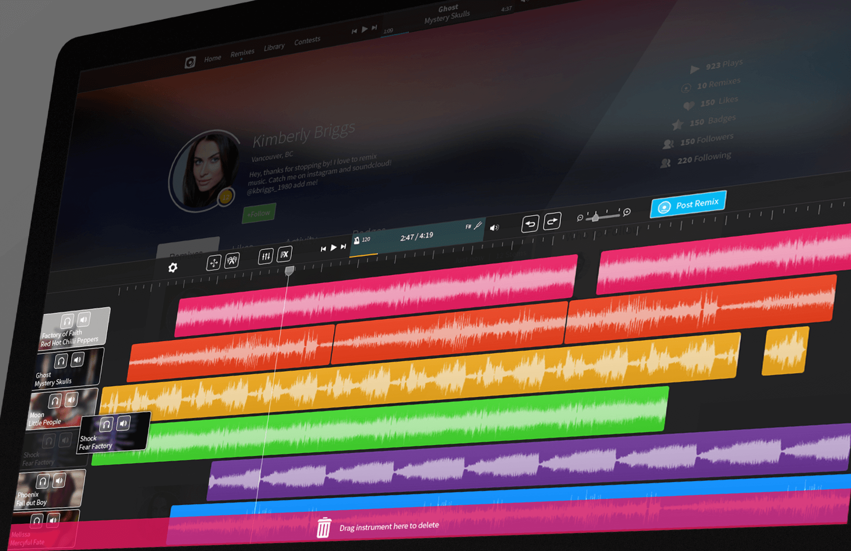Indiloop desktop editor with an audio selection being dragged toward the pink delete target