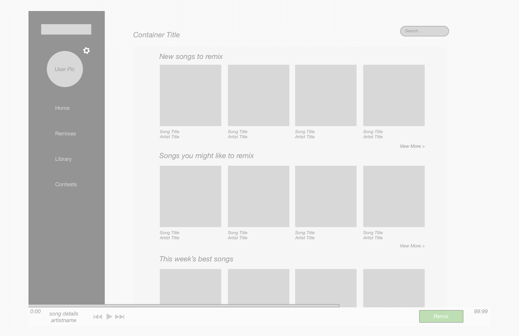 Indiloop browsing wireframe with navigation and persistent playback controls