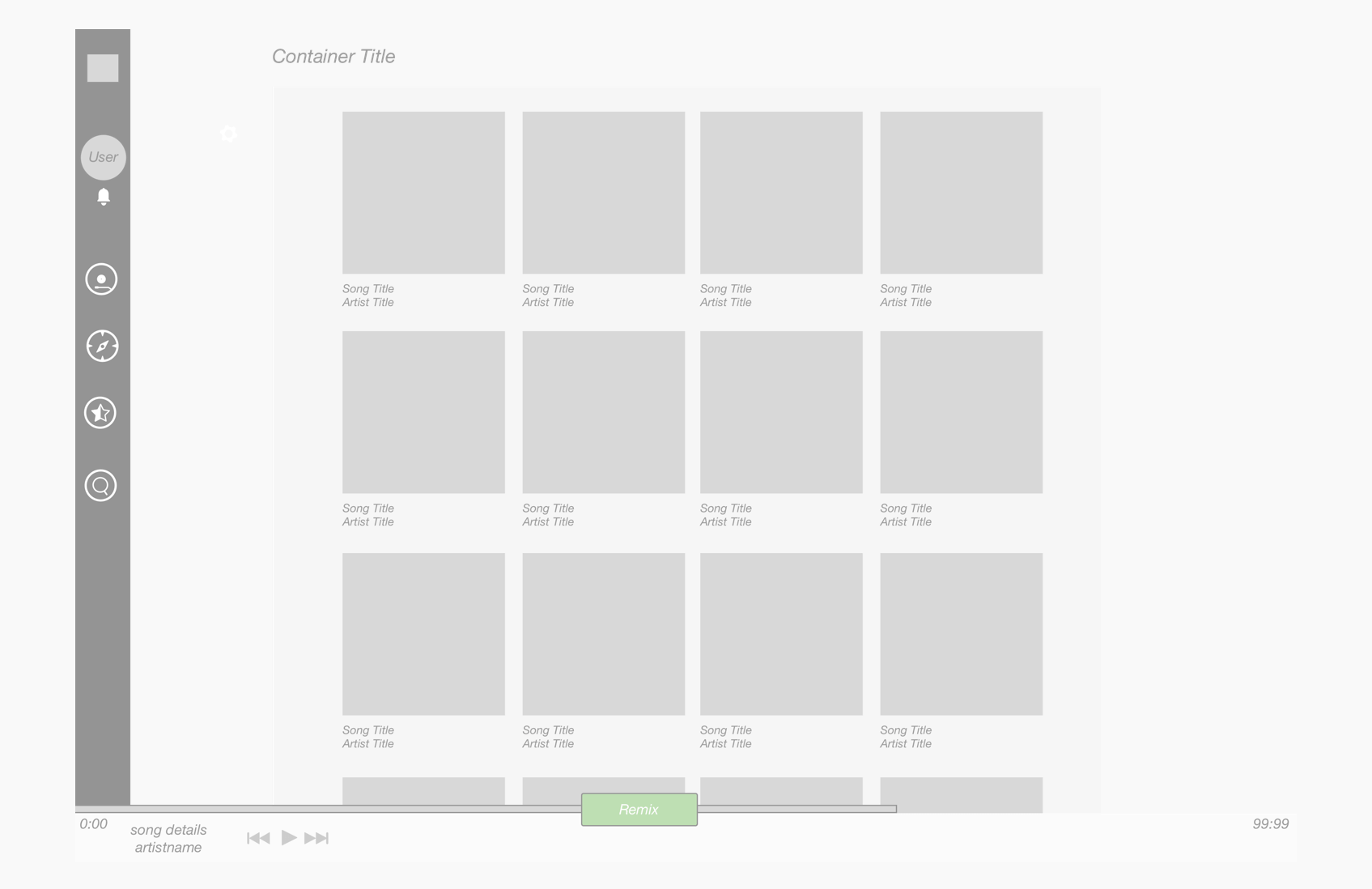 Indiloop wireframe with compact navigation and a larger music library area